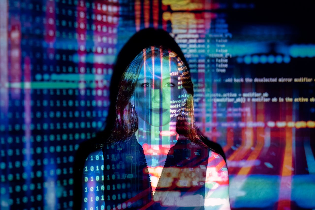 Woman with code projected on face representing agentic AI enterprise software