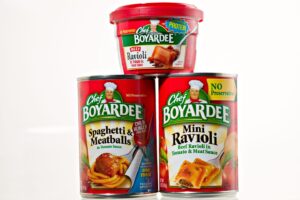 Chef Boyardee canned pasta products including ravioli and spaghetti meatballs