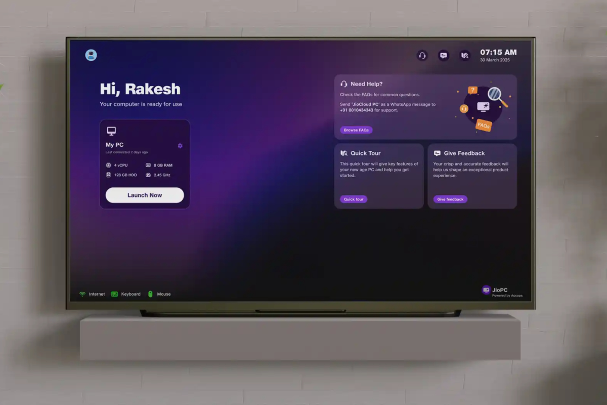 JioPC virtual desktop interface on a smart TV screen showing cloud PC setup