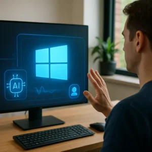 User interacting with agentic AI Windows OS using voice and gesture controls