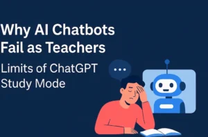 Illustration of a frustrated student studying with an open book alongside a chatbot robot, representing the limitations of AI chatbots like ChatGPT Study Mode as teachers.