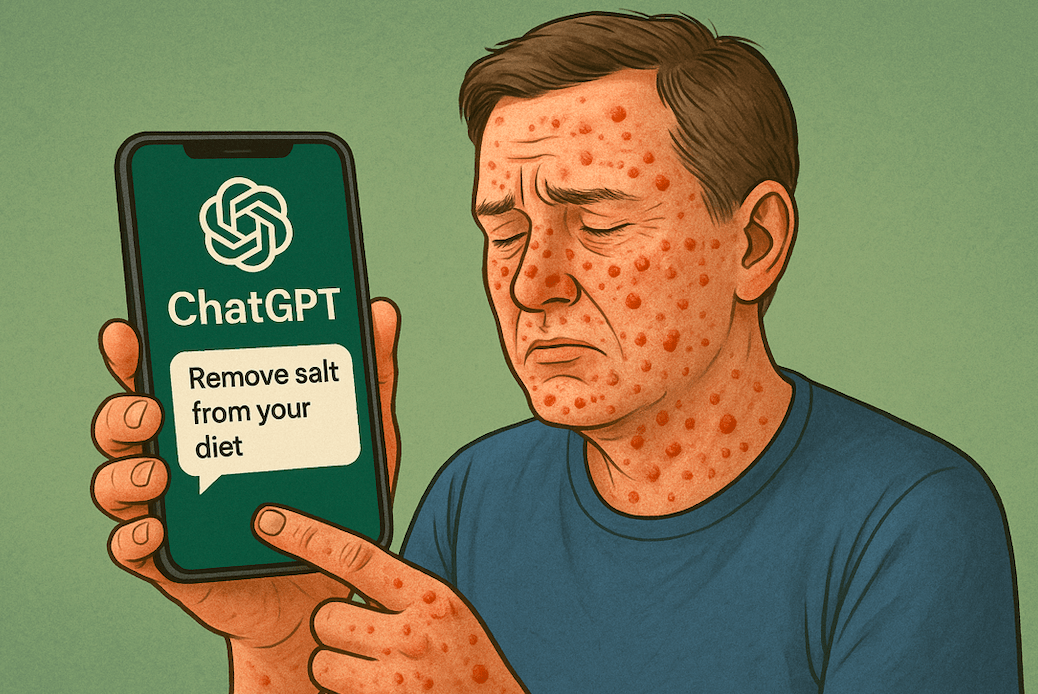 bromism from AI diet advice showing man with rash after following ChatGPT guidance