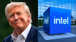 Donald Trump with Intel logo symbolizing $8.9 billion government stake deal under CHIPS Act