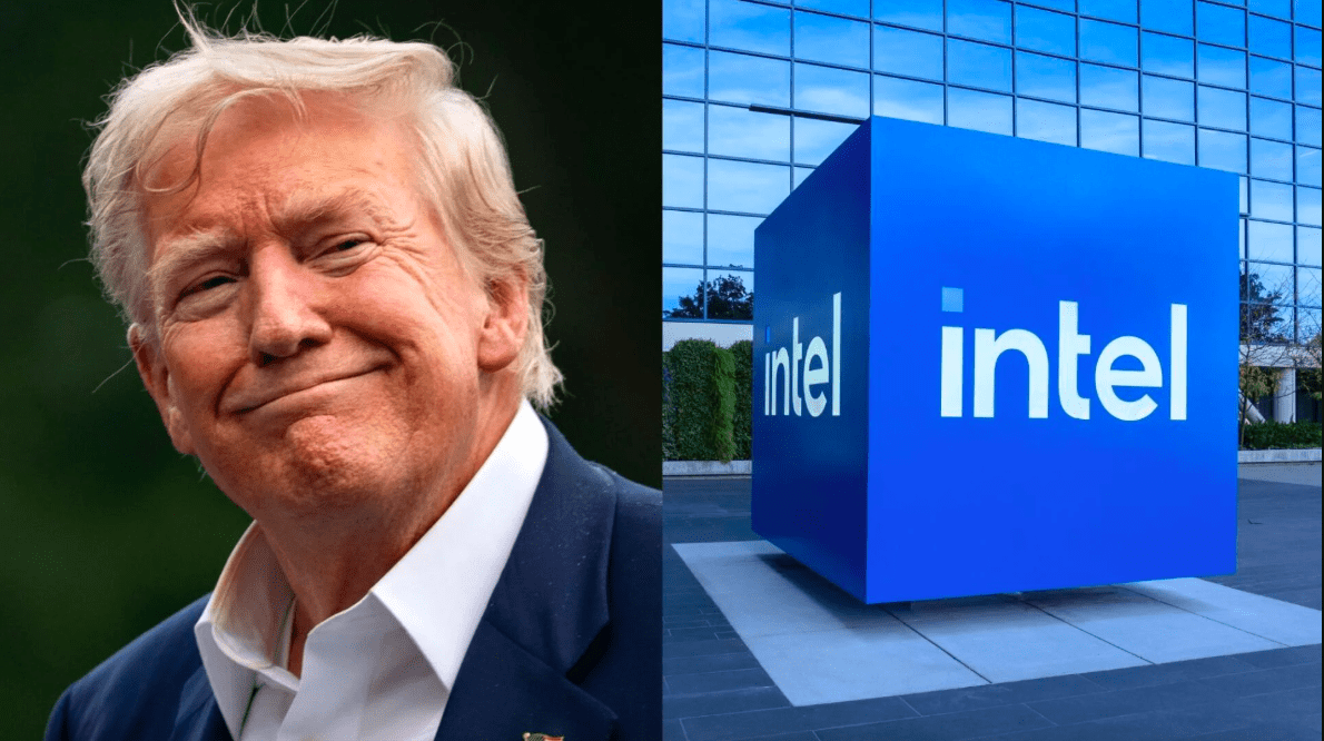 Donald Trump with Intel logo symbolizing $8.9 billion government stake deal under CHIPS Act