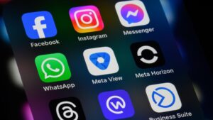 Meta apps including Facebook, Instagram, WhatsApp, and Meta Horizon on smartphone screen