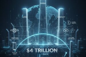 Visual representation of Apple and Microsoft each hitting a $4 trillion market cap, shown as two towering digital skyscrapers alongside Nvidia, against a global grid background, illustrating tech sector supremacy and AI-driven growth.