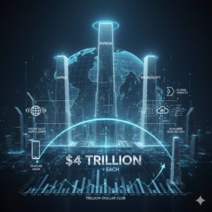 Visual representation of Apple and Microsoft each hitting a $4 trillion market cap, shown as two towering digital skyscrapers alongside Nvidia, against a global grid background, illustrating tech sector supremacy and AI-driven growth.