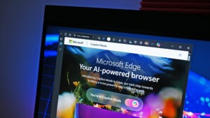 Microsoft Edge browser in Copilot Mode displaying the "Your AI-powered browser" message, highlighting the AI assistant and new Actions and Journeys features.