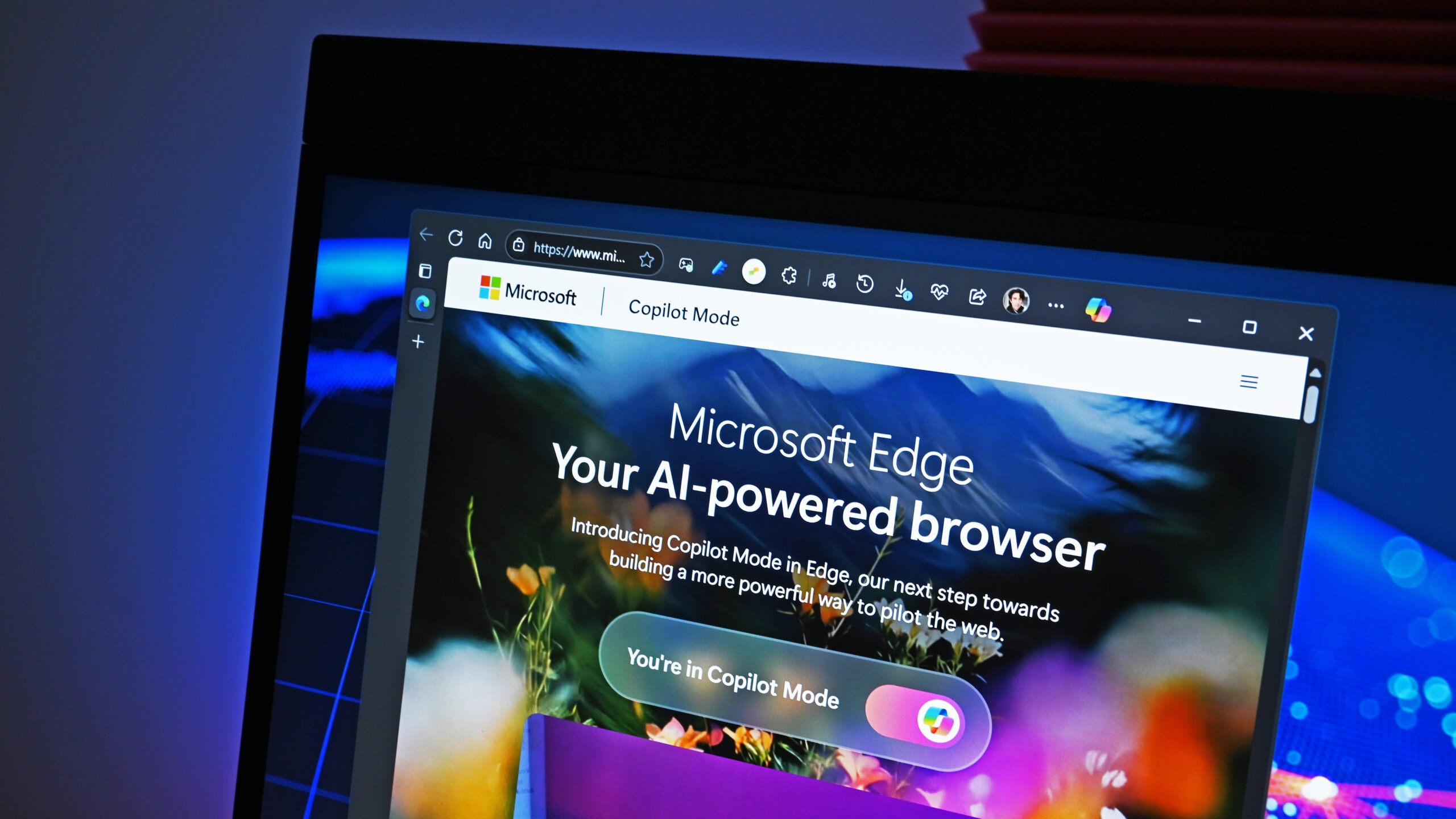 Microsoft Edge browser in Copilot Mode displaying the "Your AI-powered browser" message, highlighting the AI assistant and new Actions and Journeys features.