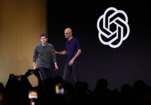 OpenAI CEO Sam Altman and Microsoft CEO Satya Nadella appear together after OpenAI recapitalization announcement.
