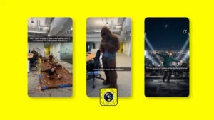 Three examples from the Snapchat AI Imagine Lens: a slip-n-slide, a man as Bigfoot, and dancing on a rooftop, showing free image generation.