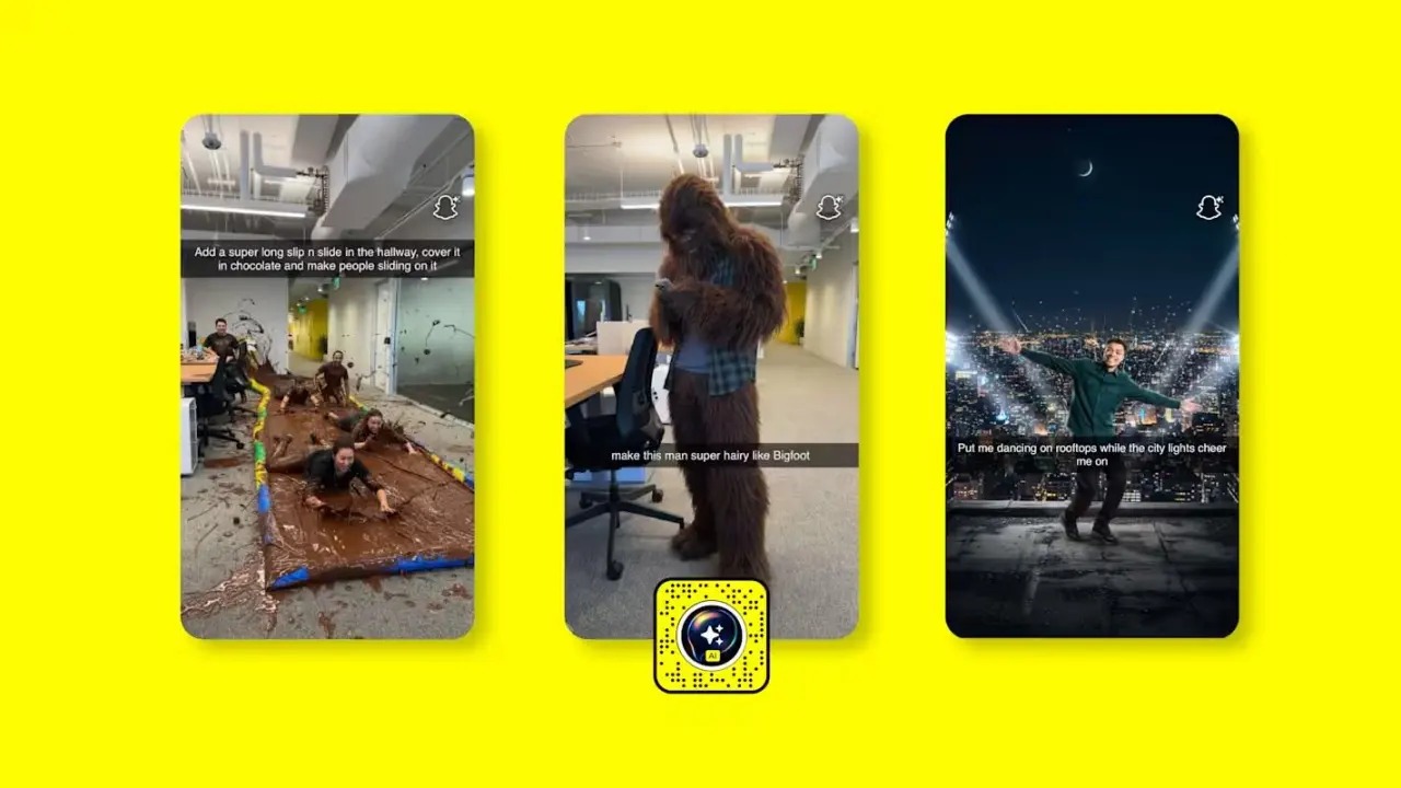 Snapchat AI Imagine Lens examples showing a slip-n-slide, a man as Bigfoot, and dancing on a rooftop, illustrating the app's new free generative AI features.