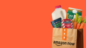 Amazon ultra-fast 30-minute deliveries showing groceries in an Amazon Now bag