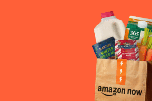 Amazon ultra-fast 30-minute deliveries showing groceries in an Amazon Now bag