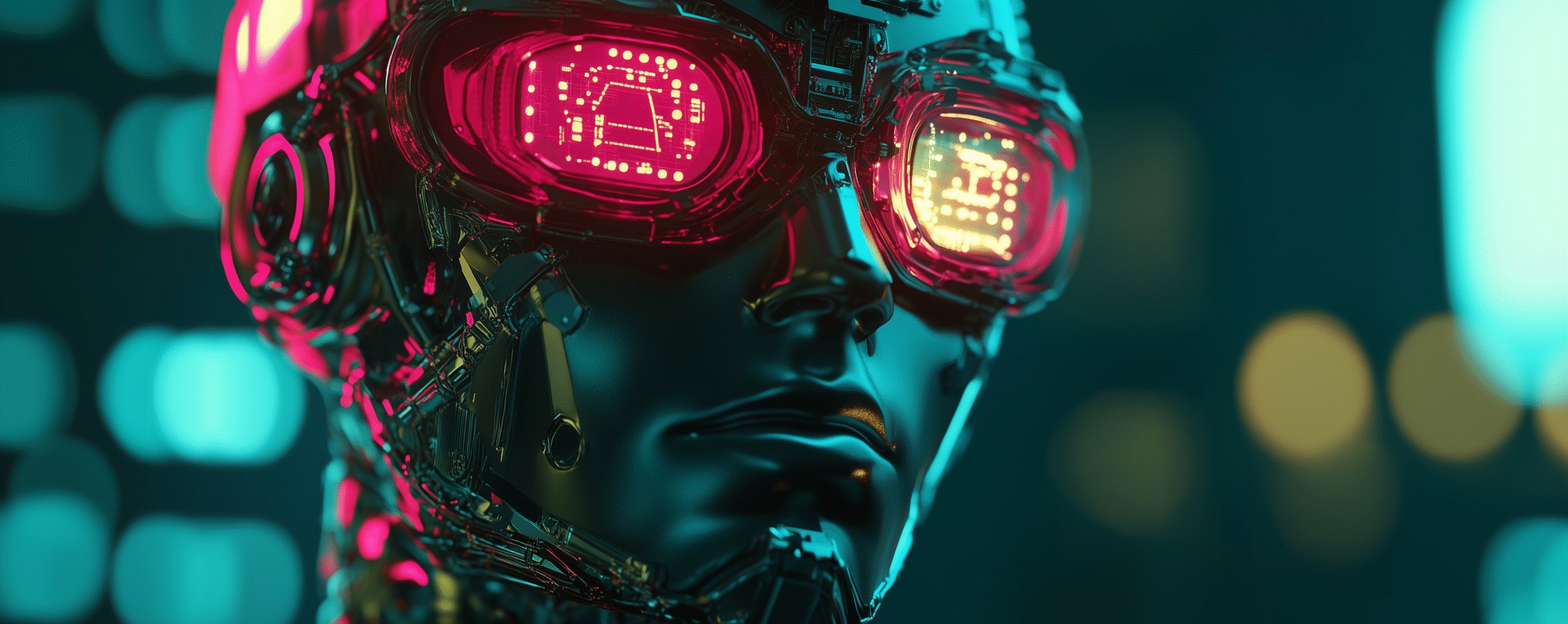 Futuristic AI humanoid wearing glowing digital goggles representing Hollywood’s shift toward generative AI in film and entertainment in 2025