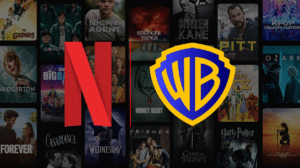 Netflix Warner Bros acquisition showing the Netflix and Warner Bros logos against iconic franchise backgrounds