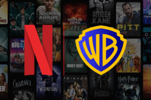 Netflix Warner Bros acquisition showing the Netflix and Warner Bros logos against iconic franchise backgrounds