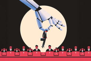 Illustration showing AI automation displacing human labor in enterprise workplaces in 2026