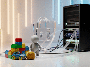 AI infrastructure foundation showing data security, modular building blocks, and connected server systems.