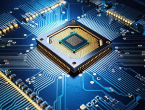 AI race misconception illustrated through advanced semiconductor chip on global circuitry