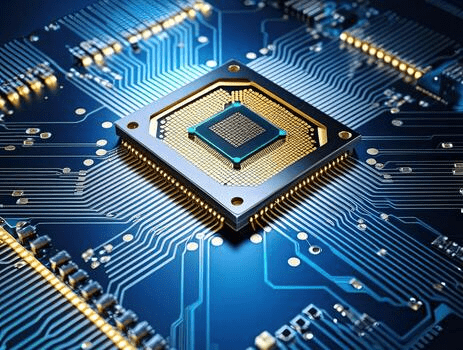 AI race misconception illustrated through advanced semiconductor chip on global circuitry