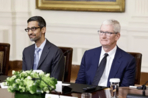 Apple CEO Tim Cook and Google CEO Sundar Pichai during discussions reflecting the Apple–Google AI partnership shaping Siri and Gemini integration