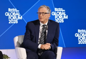 Bill Gates speaking at the Bloomberg Philanthropies Global Forum 2025 discussing AI risks and global preparedness