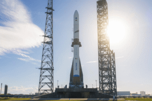 Blue Origin New Glenn rocket standing on the launchpad ahead of a commercial orbital mission