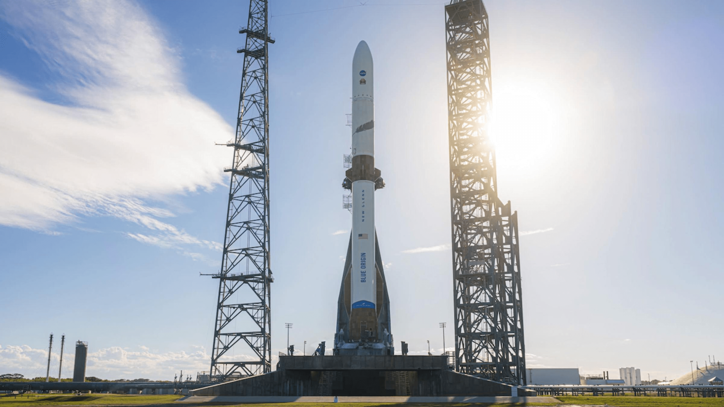 Blue Origin New Glenn rocket standing on the launchpad ahead of a commercial orbital mission