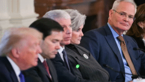 Senior government officials and energy executives seated during a White House meeting on Venezuela oil investment risks