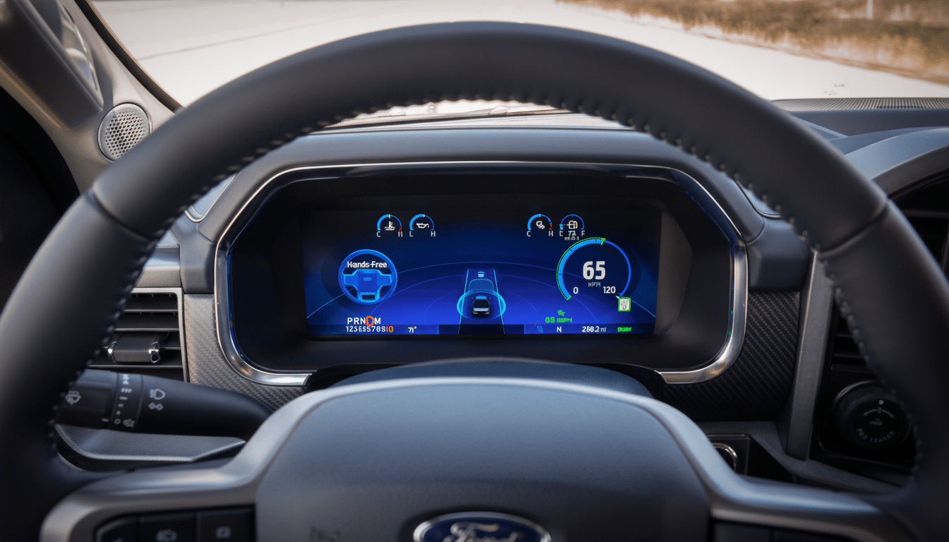 Ford BlueCruise digital dashboard showing hands-free driving interface and real-time vehicle data