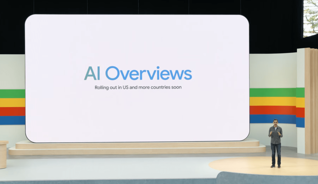 Google AI Overviews displayed during a product presentation highlighting changes to AI-generated search summaries