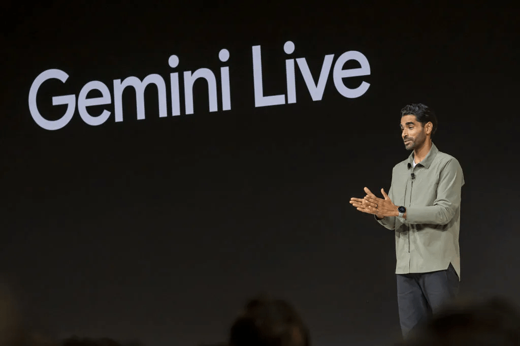 Google Gemini Live presentation highlighting real-time voice AI capabilities on stage