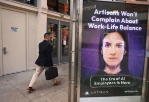 Artisan AI billboard in San Francisco promoting AI employees and replacing human sales work