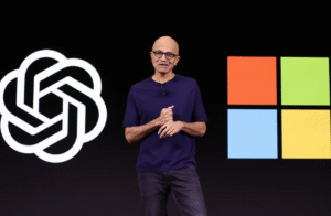 Microsoft and OpenAI logos displayed during an AI earnings presentation highlighting investment impact