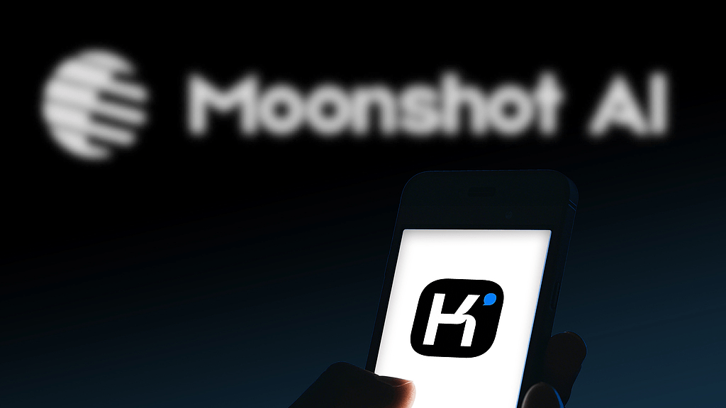 Moonshot AI logo with Kimi K2.5 open source multimodal AI model interface on a smartphone screen