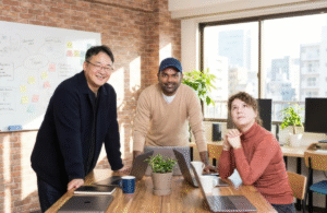 Sparkli team discussing an interactive AI-powered learning app for kids in a collaborative workspace