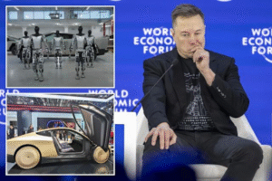 Technology executive at a global economic forum alongside visuals of humanoid robots and an autonomous vehicle concept, highlighting Tesla’s shift toward AI, robotics, and autonomy.
