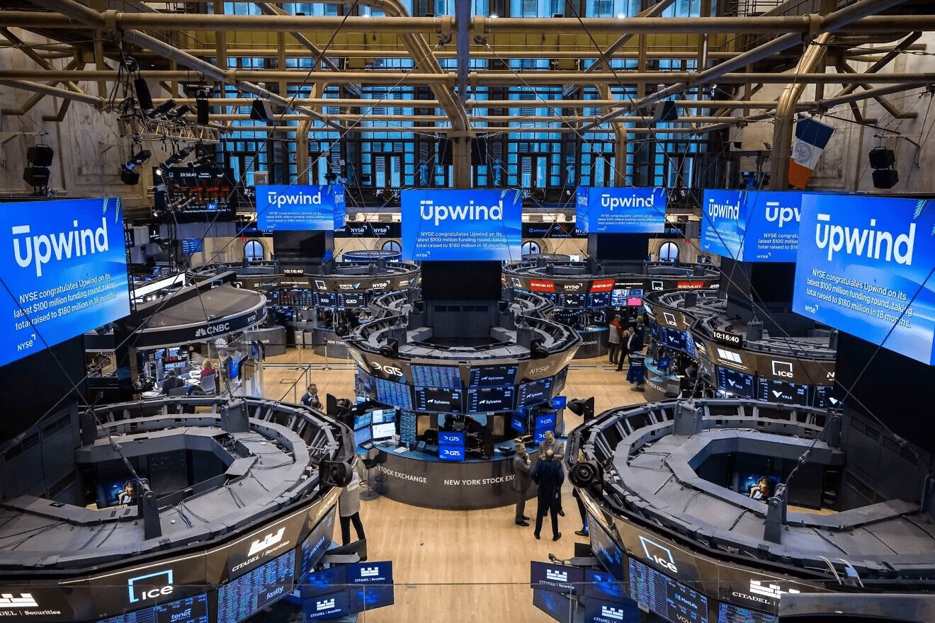 Upwind runtime cloud security announcement displayed at NYSE following $250 million Series B funding and $1.5 billion valuation